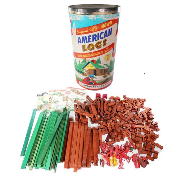 Vintage American Logs Canister Animals Wooden Building Pieces Toys 1950s 1960s